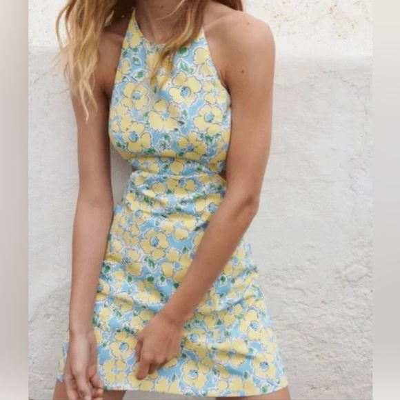 Zara Dresses & Skirts - NWT ZARA Blue Yellow White Floral Cutout Backless Halter Mini Dress